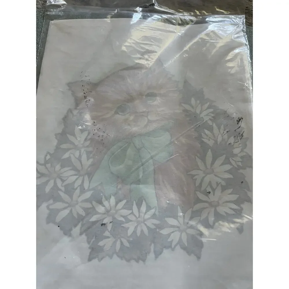 Vintage Iron on Transfer “Kitty Cat” Cat With Bow Flowers NIP Plaid 90s